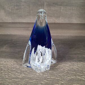 Murano Style Cobalt Art Glass Mother PENGUIN w/ Babies Figurine Paperweight 6”